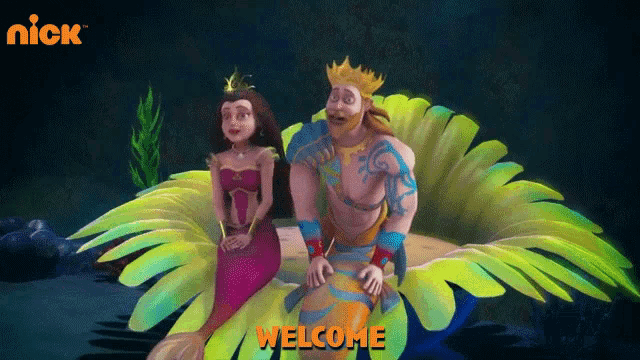 a cartoon of a man and a mermaid sitting on a flower with the word welcome below them