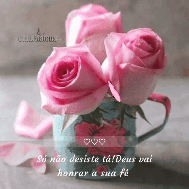 a picture of pink roses in a cup with the words so nao desiste ta deus vai honrar a sua fe on the bottom