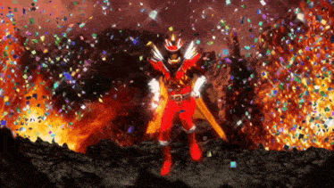 a red superhero is standing in front of a fire