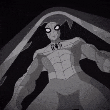 a black and white drawing of a spider man in a suit