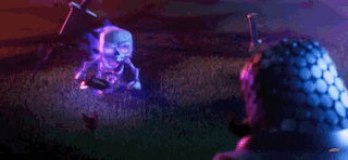a cartoon character is standing in a field with a purple skeleton .