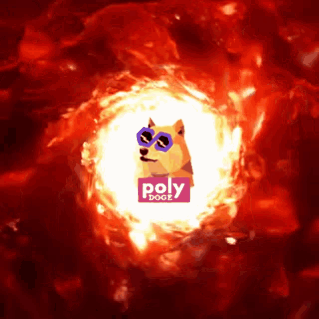 a dog wearing sunglasses and a sign that says poly doge on it