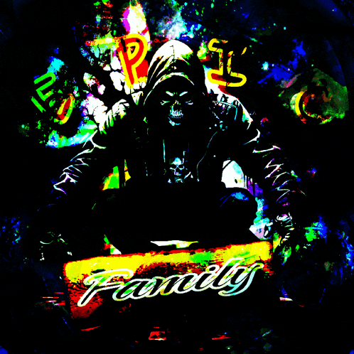 a grim reaper is holding a sign that says " family "