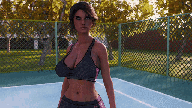 a woman is standing on a tennis court wearing a sports bra that says reebok on it