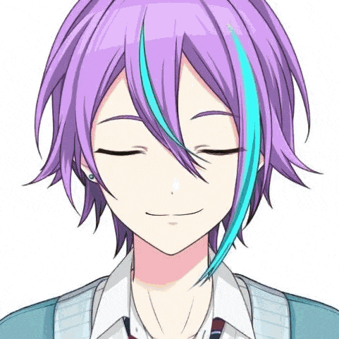 a close up of a person with purple and blue hair .