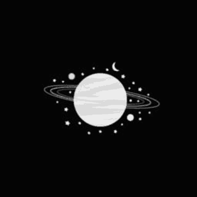 a black and white drawing of a planet with rings around it .