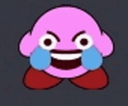 kirby is making a funny face with his eyes closed and tears coming out of his mouth .