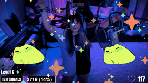 a girl is standing in front of a microphone with a level 6 ibits goal of 3719