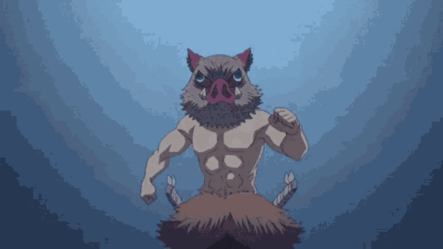 a man dressed as a pig is flexing his muscles in a cartoon .
