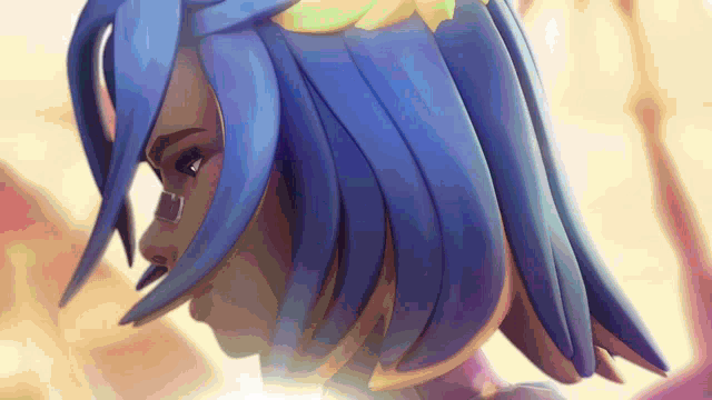 a cartoon character with blue hair and a yellow flower in her hair