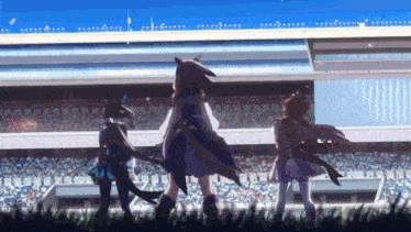 a group of anime characters are standing in front of a crowd in a stadium
