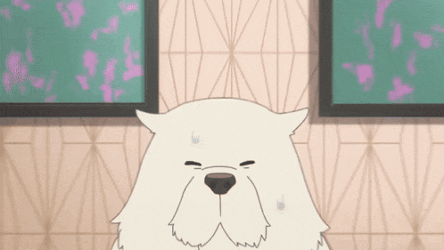 a cartoon dog wearing a bow tie is standing in front of two framed pictures on a wall