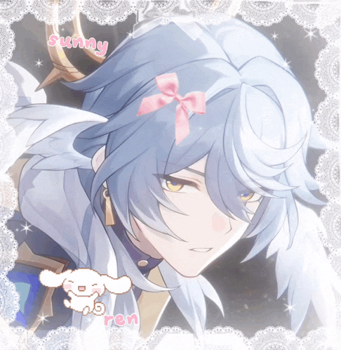 a picture of a boy with a pink bow and the word sunny on the bottom