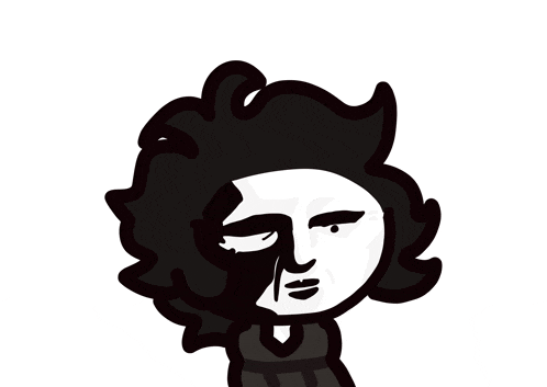 a black and white drawing of a person with a slight smirk on their face