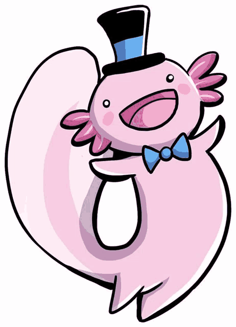a pink axolotl with a top hat and bow tie .