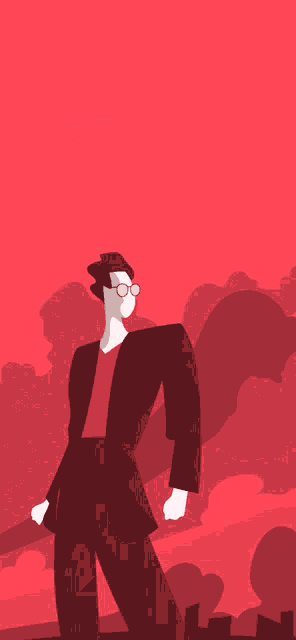 a man in a suit and glasses stands in front of a red background with the words profile & stats below him