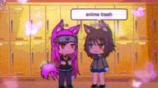 two anime characters are standing next to each other in front of lockers in a school .