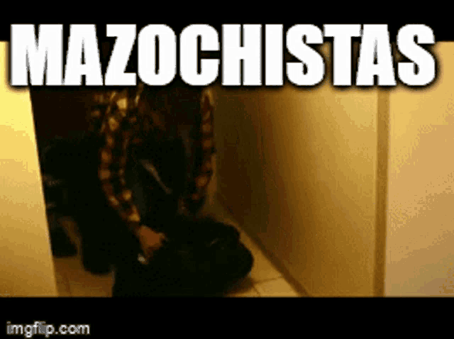 a man in a plaid shirt is kneeling down in a hallway and the words mazochistas are above him
