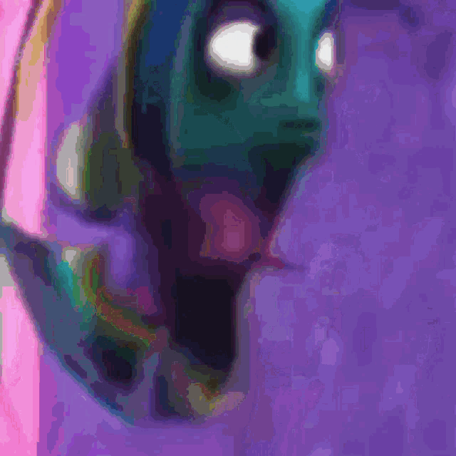 a close up of a cartoon character 's face on a purple and pink background