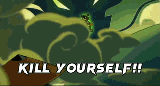 a cartoon character is flying through the air with the words kill yourself written below him