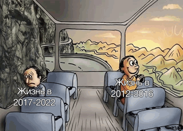 a cartoon of a man looking out a window with the year 2017-2022 written on the bottom