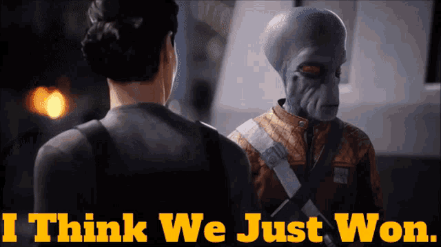 a man and a woman are standing next to each other with the words " i think we just won " below them