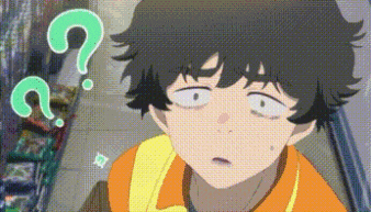 a cartoon boy is making a funny face with a question mark above his head .