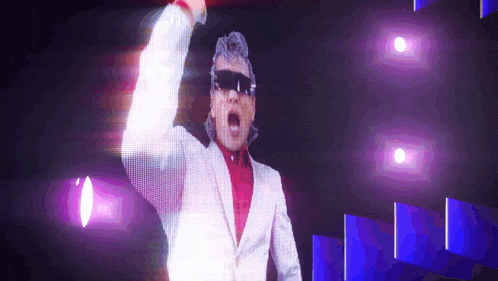 a man wearing sunglasses and a white suit stands in front of a purple background