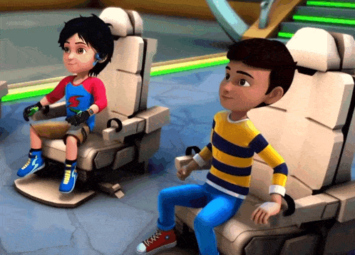 two cartoon characters are sitting in chairs and one is wearing a red shirt with a s on it