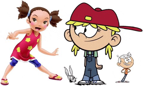 a group of cartoon characters including a girl and a boy and a bunny