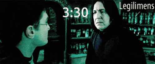 harry potter and severus snape are standing next to each other in a dark room and the time is 3:30