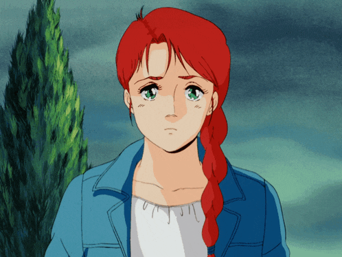 a girl with red hair and green eyes is wearing a blue jacket and a white shirt