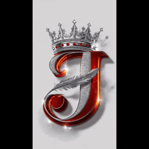 a red letter j with a crown and feather on it