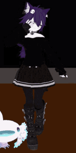 a girl with purple hair is standing next to a white axolotl