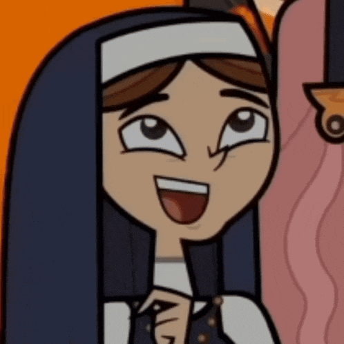 a cartoon nun is smiling and making a funny face