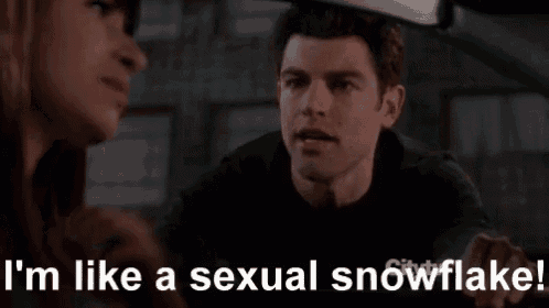 a man talking to a woman with the words i 'm like a sexual snowflake on the bottom