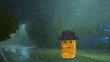 a chicken nugget wearing a fedora is standing in a foggy park