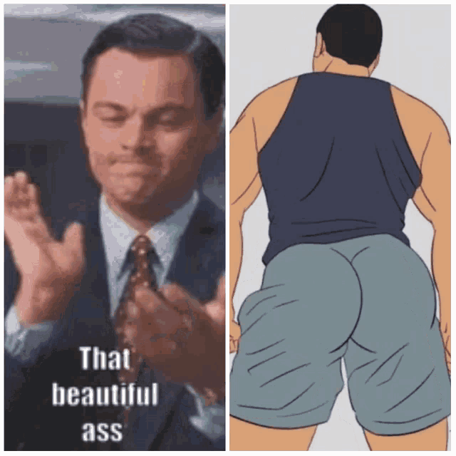 a man in a suit and tie applauds next to a picture of a man in shorts