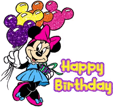 minnie mouse is holding a bunch of balloons and a gift with the words happy birthday below her