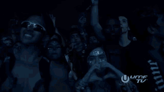 a crowd of people are gathered in a dark room and the word umf is on the bottom left