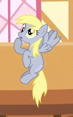 a cartoon pony with a yellow mane and tail is standing on a wooden table