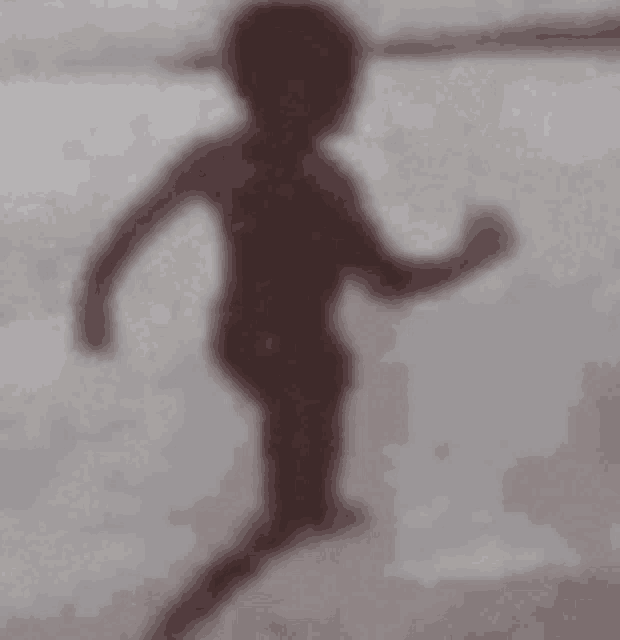 a blurry picture of a child 's shadow running on a beach
