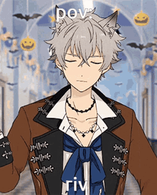 a man with a cat ear and a necklace is wearing a brown jacket