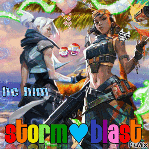 a picture of a man and a woman with the words " he him storm blast " at the bottom