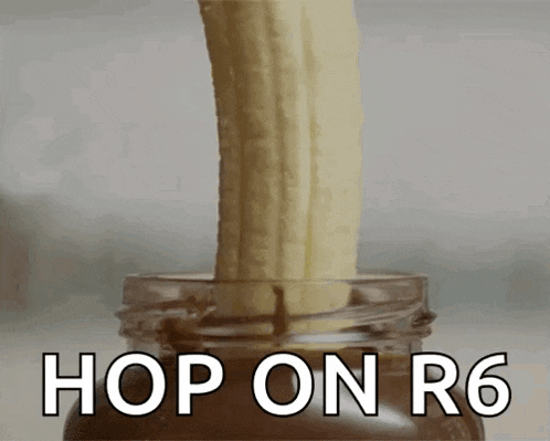 a banana is being poured into a jar of chocolate spread with the words hop on r6 below it