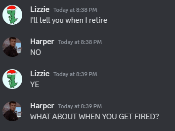 a screenshot of a discord conversation between lizzie harper and harper