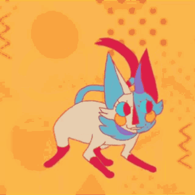 a cartoon drawing of a cat with blue and red ears and a red tail .