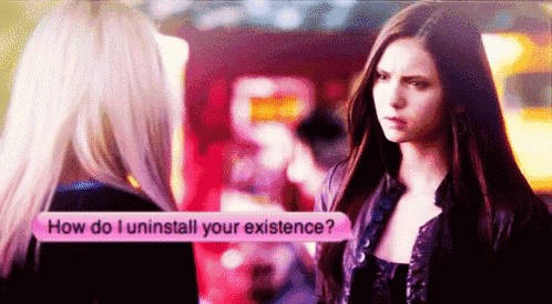 two women are talking to each other with a speech bubble that says how do i uninstall your existence ?