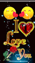 two smiley faces kissing each other with hearts in their mouths and the words `` i love you '' .