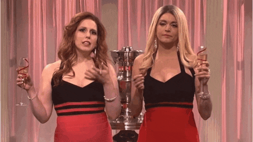 two women are standing next to each other holding glasses of champagne .